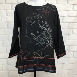 Giada Forte Resort Black Embroidered Blouse Size 0 (US 2) Wool Linen Cotton